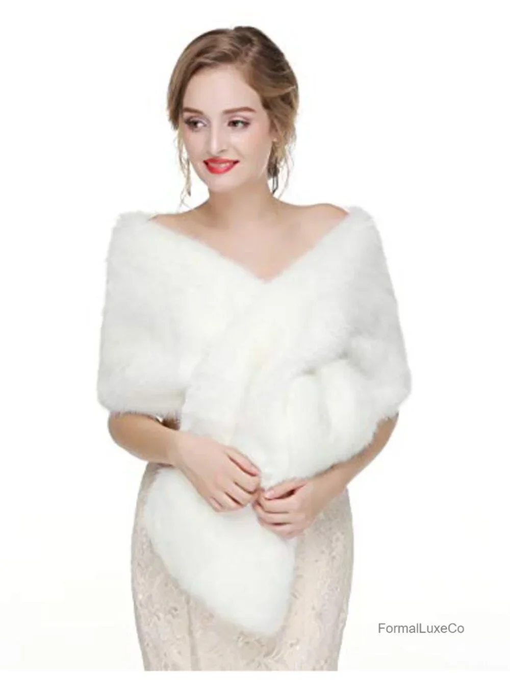 Faux Fur Bridal Wrap Shawl with Brooch Winter Evening Party Stole
